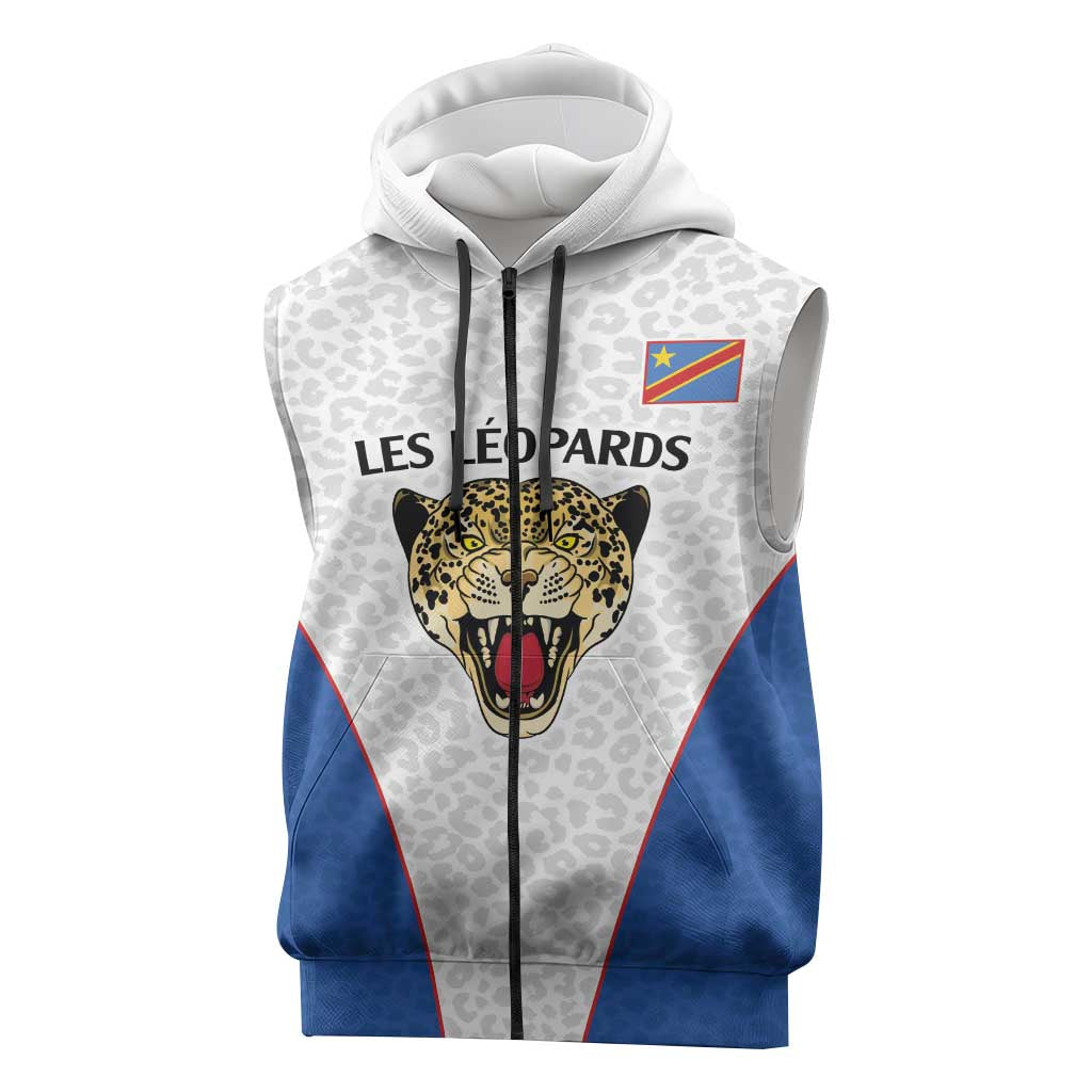 Africa DR Congo Football Custom Sleeveless Zip Hoodie White Leopard Skin Pattern