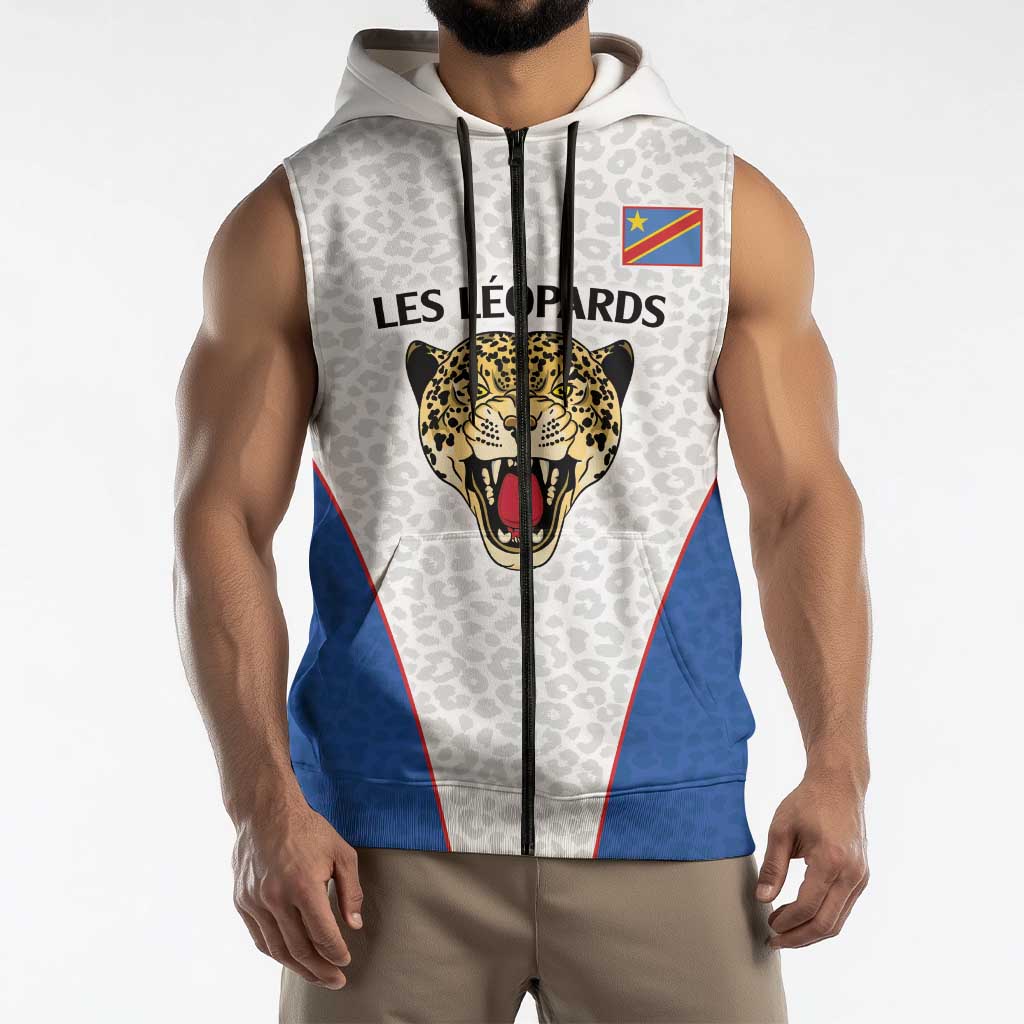 Africa DR Congo Football Custom Sleeveless Zip Hoodie White Leopard Skin Pattern