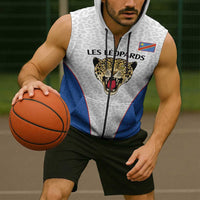 Africa DR Congo Football Custom Sleeveless Zip Hoodie White Leopard Skin Pattern