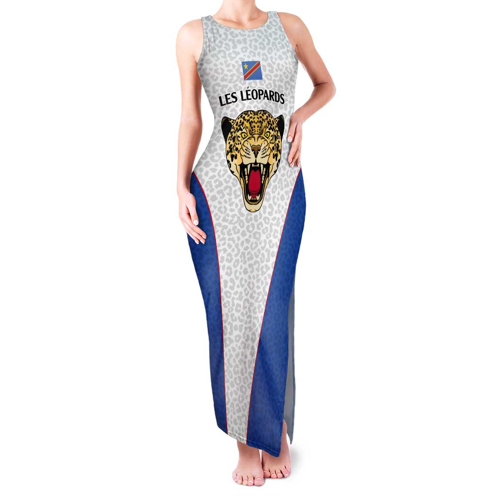 DR Congo Football Custom Tank Maxi Dress White Leopard Skin Pattern - Wonder Print Shop