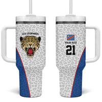 DR Congo Football Custom Tumbler With Handle White Leopard Skin Pattern - Wonder Print Shop