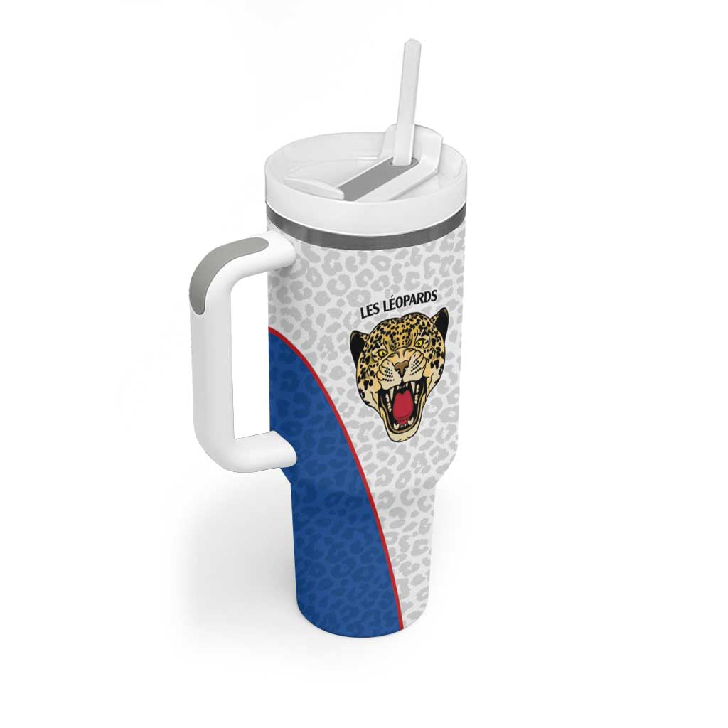 DR Congo Football Custom Tumbler With Handle White Leopard Skin Pattern - Wonder Print Shop