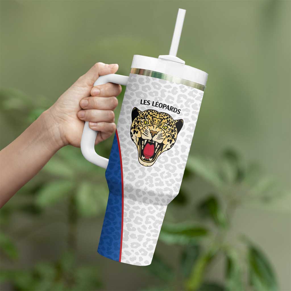 DR Congo Football Custom Tumbler With Handle White Leopard Skin Pattern - Wonder Print Shop