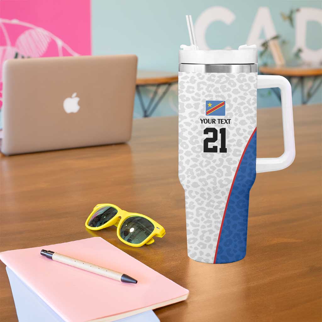 DR Congo Football Custom Tumbler With Handle White Leopard Skin Pattern - Wonder Print Shop