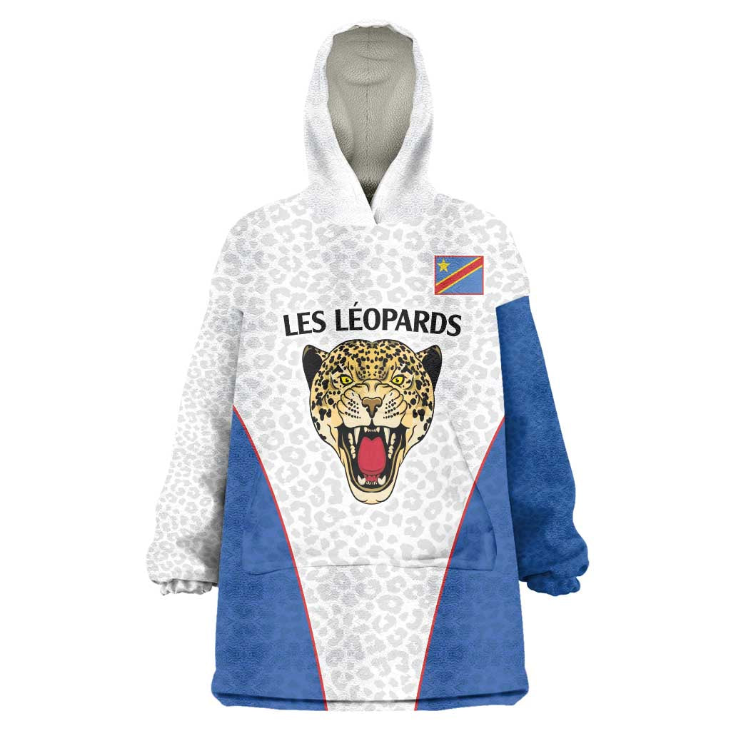 DR Congo Football Custom Wearable Blanket Hoodie White Leopard Skin Pattern - Wonder Print Shop