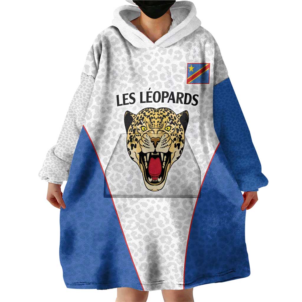 DR Congo Football Custom Wearable Blanket Hoodie White Leopard Skin Pattern - Wonder Print Shop