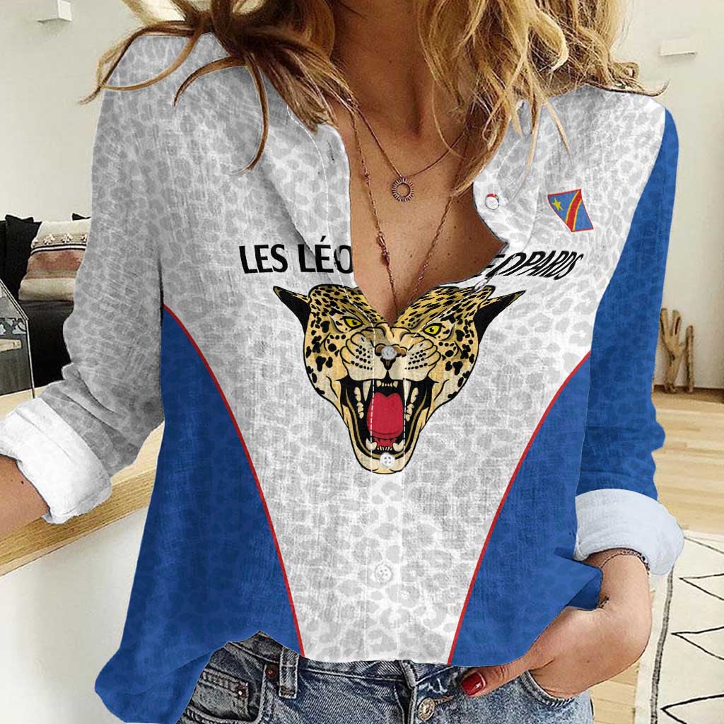 DR Congo Football Custom Women Casual Shirt White Leopard Skin Pattern - Wonder Print Shop