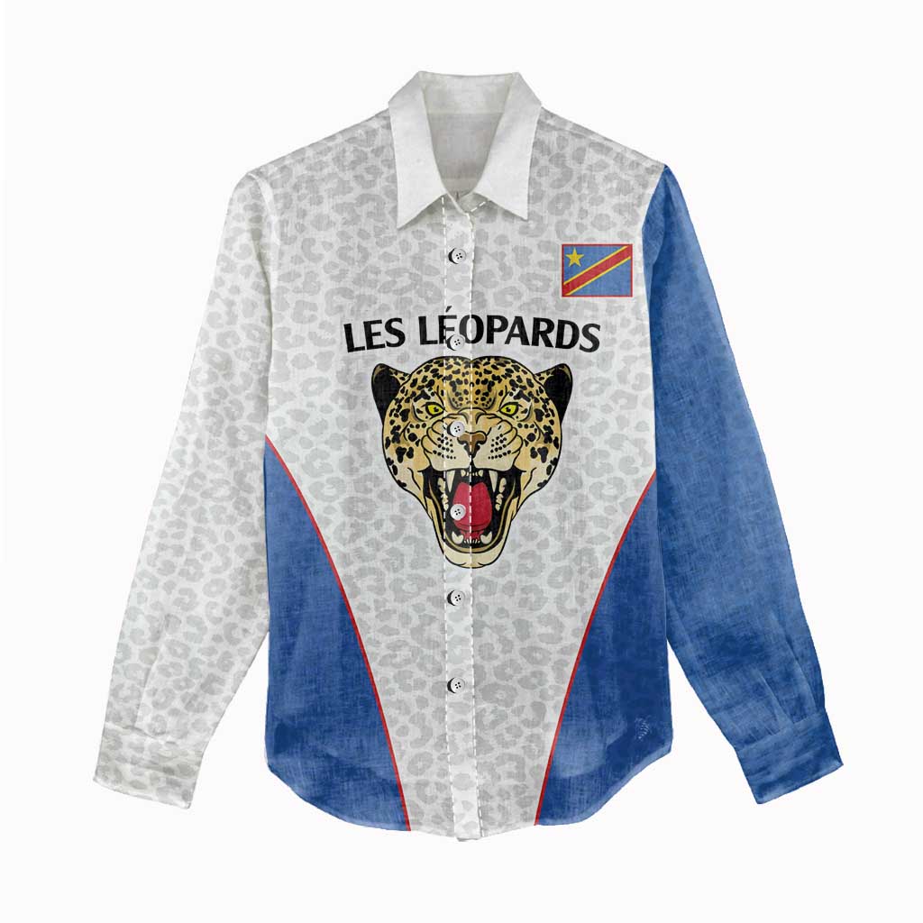 DR Congo Football Custom Women Casual Shirt White Leopard Skin Pattern - Wonder Print Shop