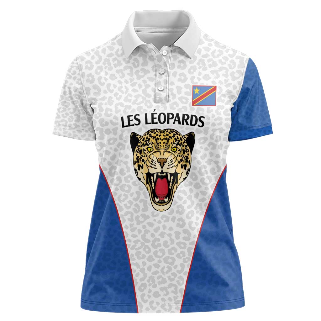DR Congo Football Custom Women Polo Shirt White Leopard Skin Pattern - Wonder Print Shop