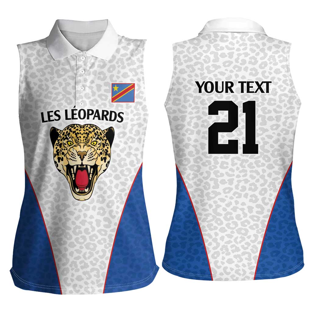 DR Congo Football Custom Women Sleeveless Polo Shirt White Leopard Skin Pattern - Wonder Print Shop