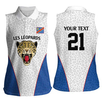 DR Congo Football Custom Women Sleeveless Polo Shirt White Leopard Skin Pattern - Wonder Print Shop