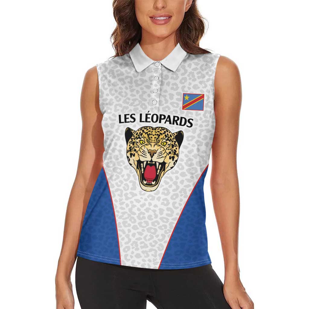 DR Congo Football Custom Women Sleeveless Polo Shirt White Leopard Skin Pattern - Wonder Print Shop