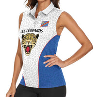 DR Congo Football Custom Women Sleeveless Polo Shirt White Leopard Skin Pattern - Wonder Print Shop
