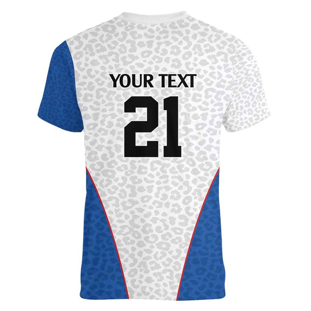 DR Congo Football Custom Women V-Neck T-Shirt White Leopard Skin Pattern - Wonder Print Shop
