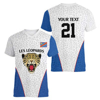 DR Congo Football Custom Women V-Neck T-Shirt White Leopard Skin Pattern - Wonder Print Shop
