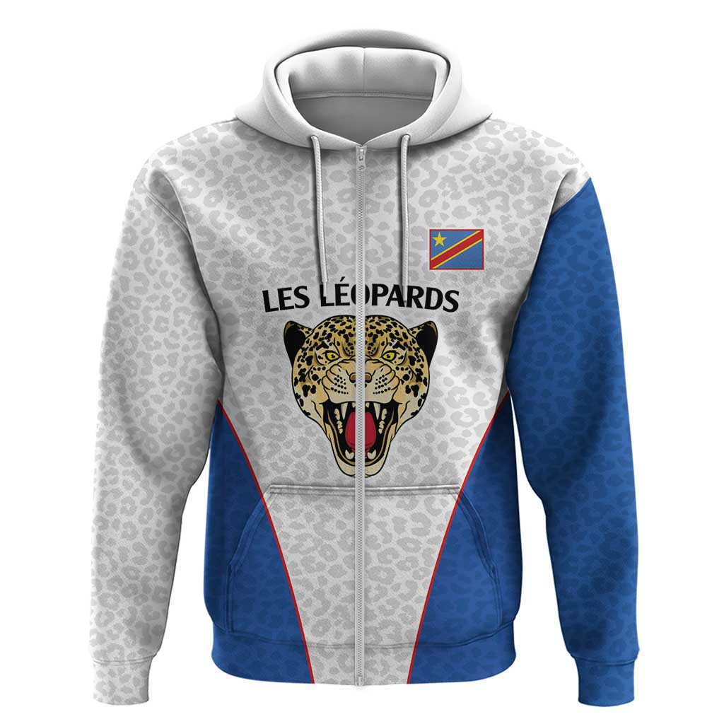 DR Congo Football Custom Zip Hoodie White Leopard Skin Pattern - Wonder Print Shop