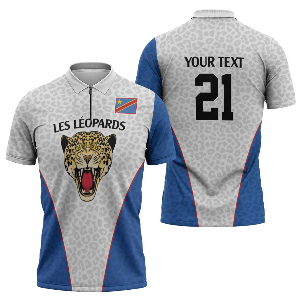 Africa DR Congo Football Custom Zipper Polo Shirt White Leopard Skin Pattern