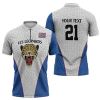 Africa DR Congo Football Custom Zipper Polo Shirt White Leopard Skin Pattern