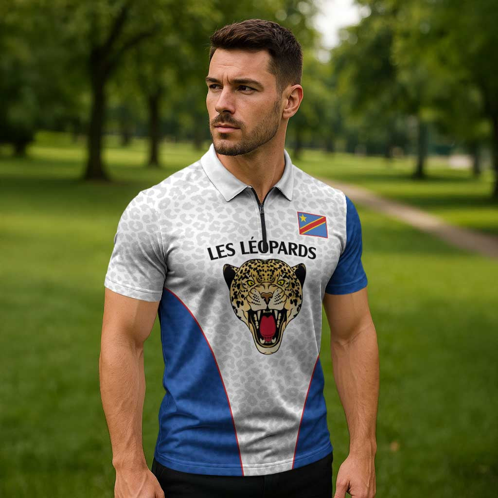 Africa DR Congo Football Custom Zipper Polo Shirt White Leopard Skin Pattern