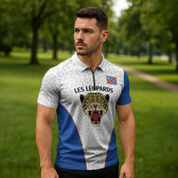 Africa DR Congo Football Custom Zipper Polo Shirt White Leopard Skin Pattern
