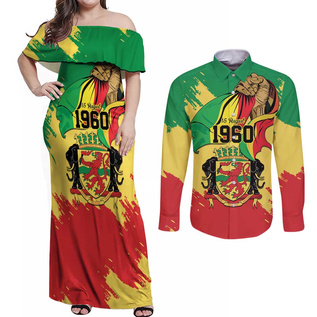 Republic of The Congo Independence Day Personalized Couples Matching Off Shoulder Maxi Dress and Long Sleeve Button Shirt Congo-Brazzaville Since 1960 - Wonder Print Shop