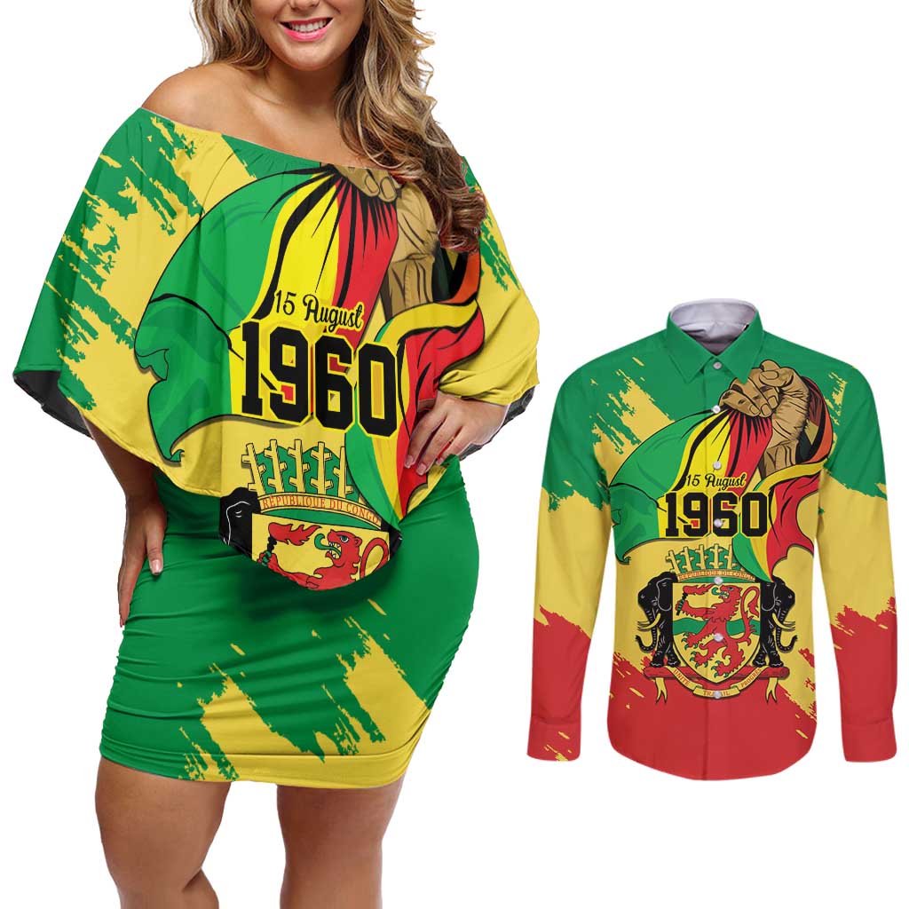 Republic of The Congo Independence Day Personalized Couples Matching Off Shoulder Short Dress and Long Sleeve Button Shirt Congo-Brazzaville Since 1960 - Wonder Print Shop