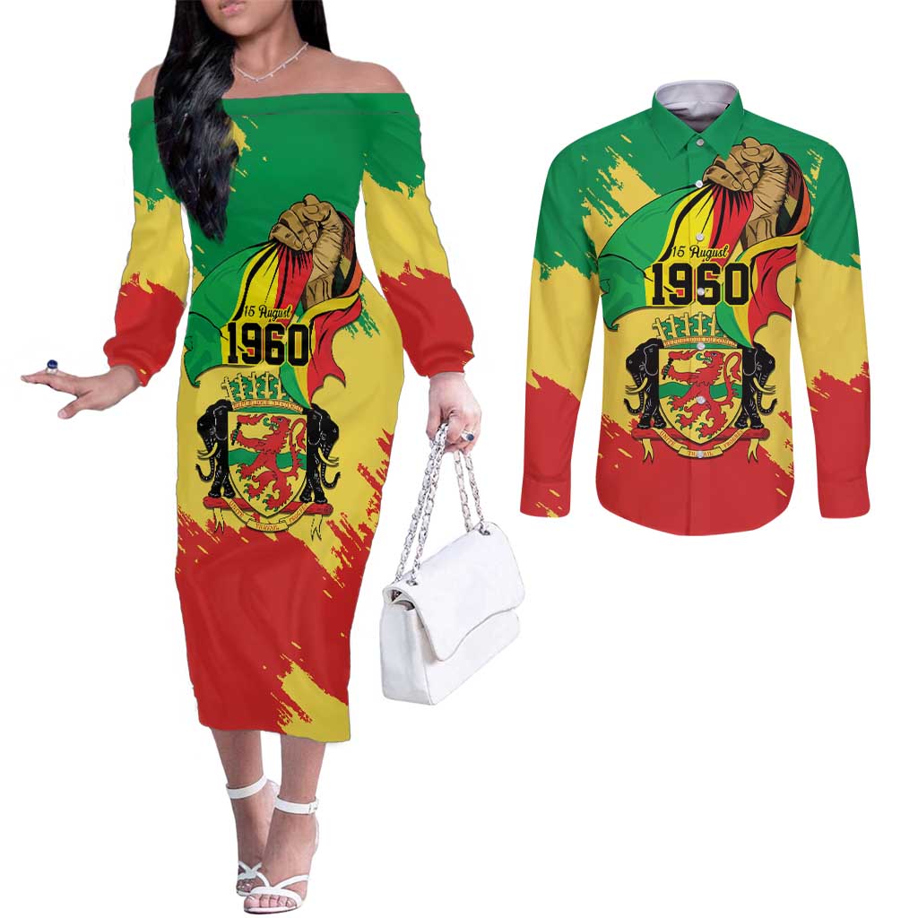 Republic of The Congo Independence Day Personalized Couples Matching Off The Shoulder Long Sleeve Dress and Long Sleeve Button Shirt Congo-Brazzaville Since 1960 - Wonder Print Shop