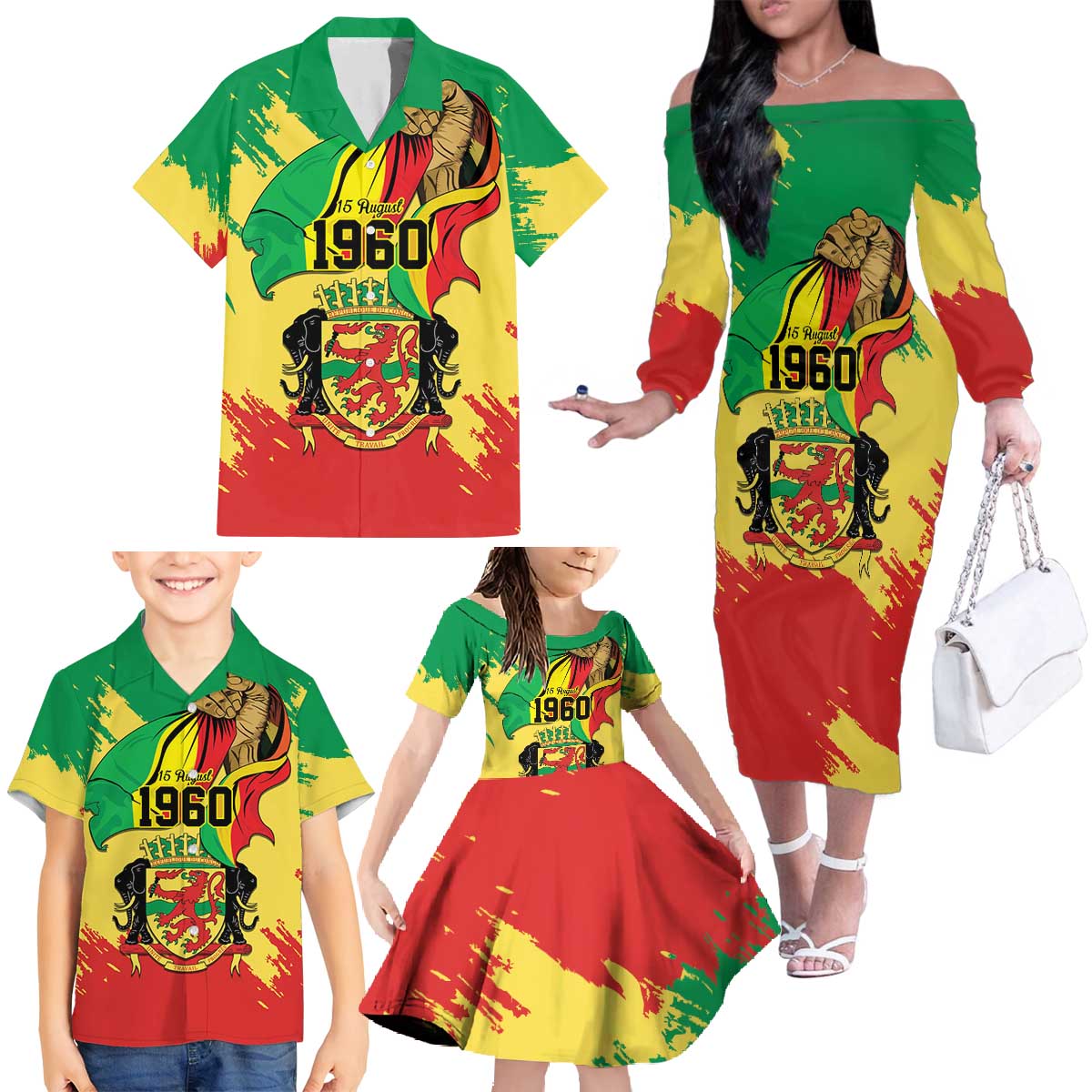 Republic of The Congo Independence Day Personalized Family Matching Off The Shoulder Long Sleeve Dress and Hawaiian Shirt Congo-Brazzaville Since 1960 - Wonder Print Shop