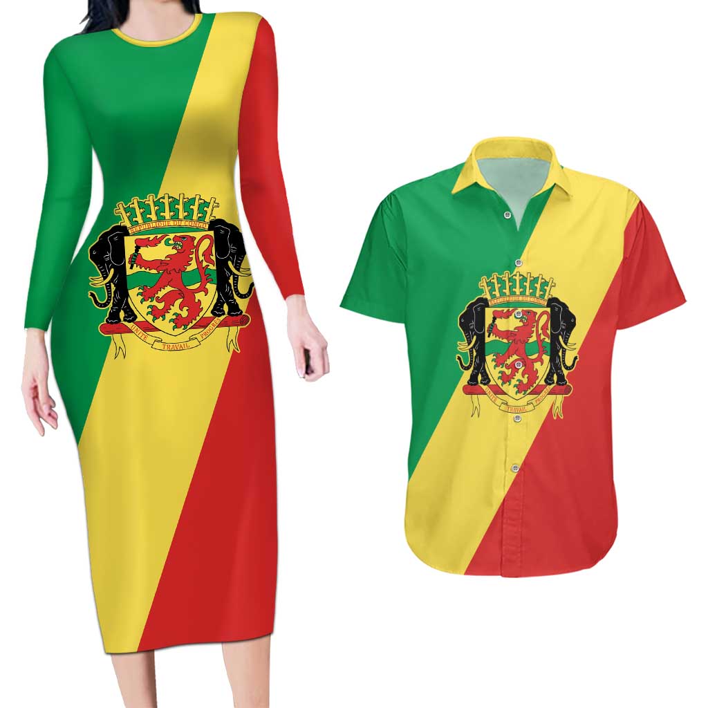 Republic of The Congo Personalized Couples Matching Long Sleeve Bodycon Dress and Hawaiian Shirt Simple Flag Style - Wonder Print Shop
