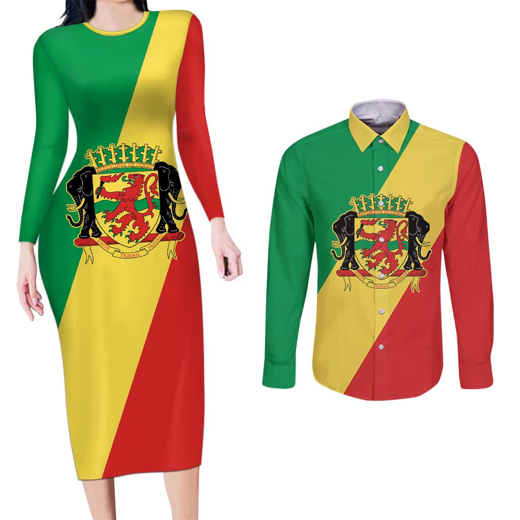 Republic of The Congo Personalized Couples Matching Long Sleeve Bodycon Dress and Long Sleeve Button Shirt Simple Flag Style - Wonder Print Shop