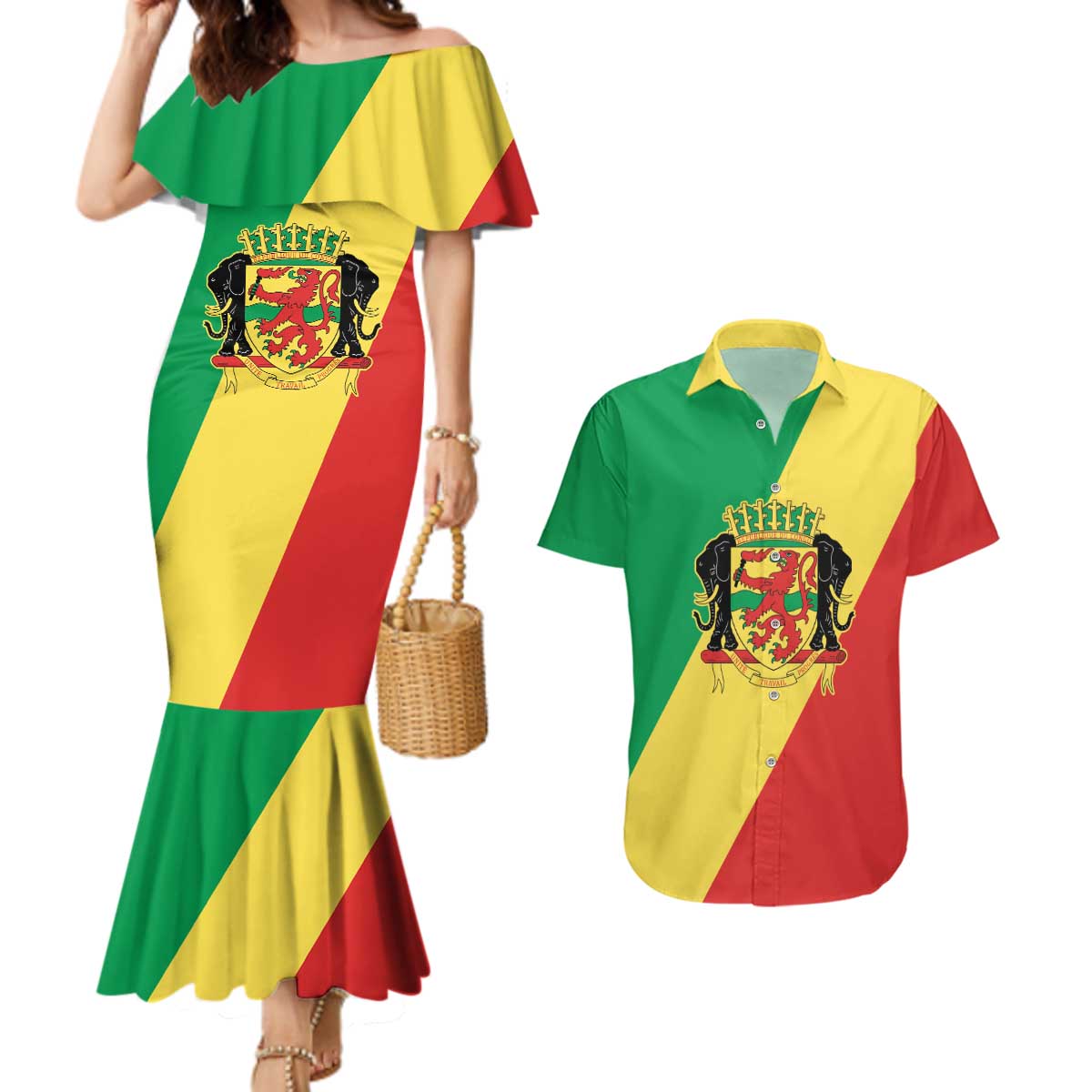 Republic of The Congo Personalized Couples Matching Mermaid Dress and Hawaiian Shirt Simple Flag Style - Wonder Print Shop