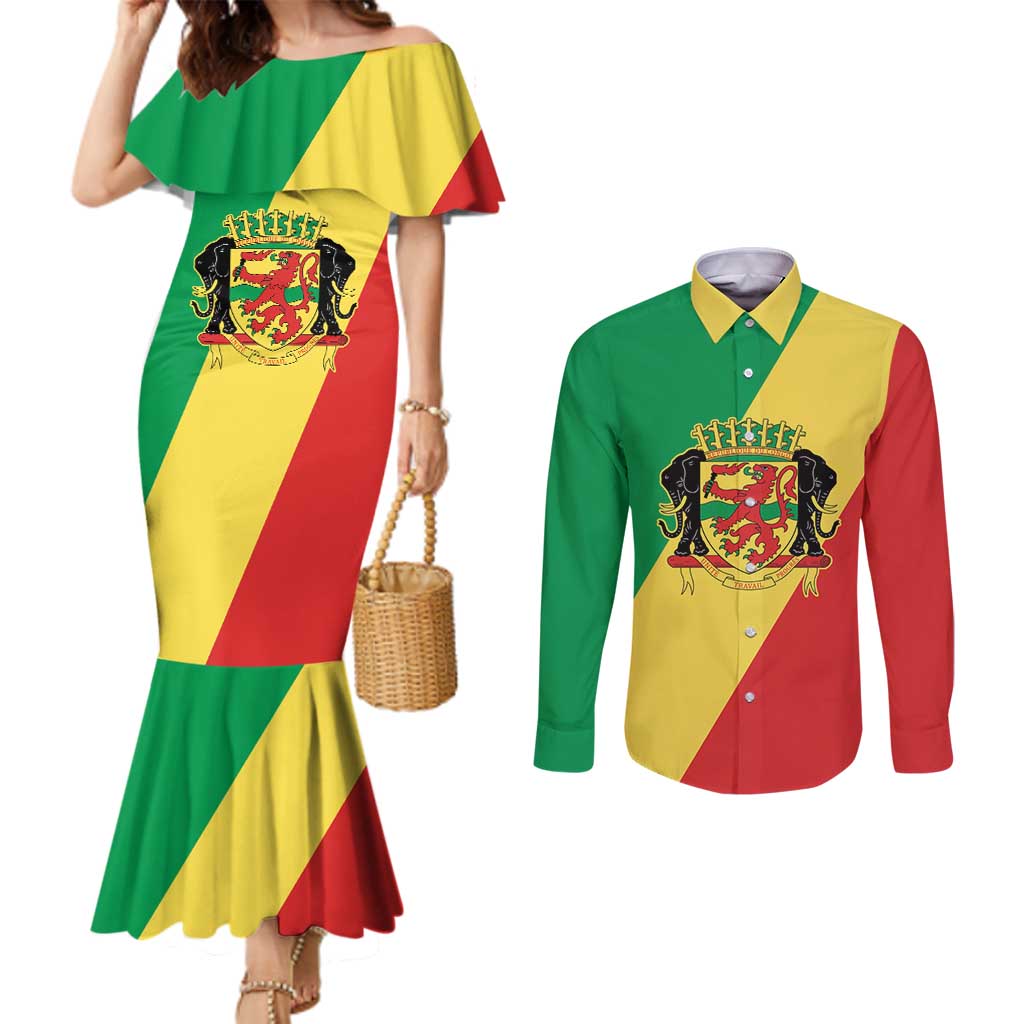 Republic of The Congo Personalized Couples Matching Mermaid Dress and Long Sleeve Button Shirt Simple Flag Style - Wonder Print Shop