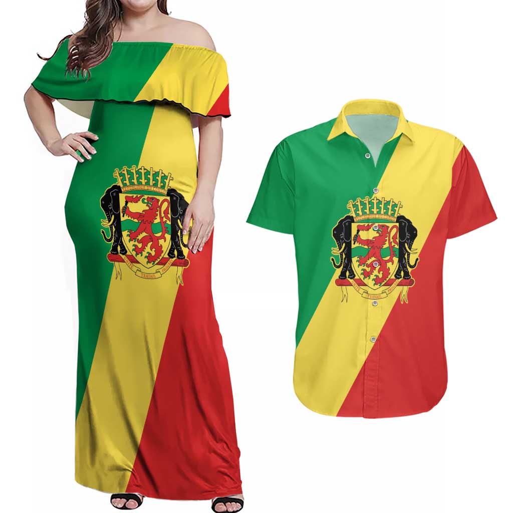 Republic of The Congo Personalized Couples Matching Off Shoulder Maxi Dress and Hawaiian Shirt Simple Flag Style - Wonder Print Shop