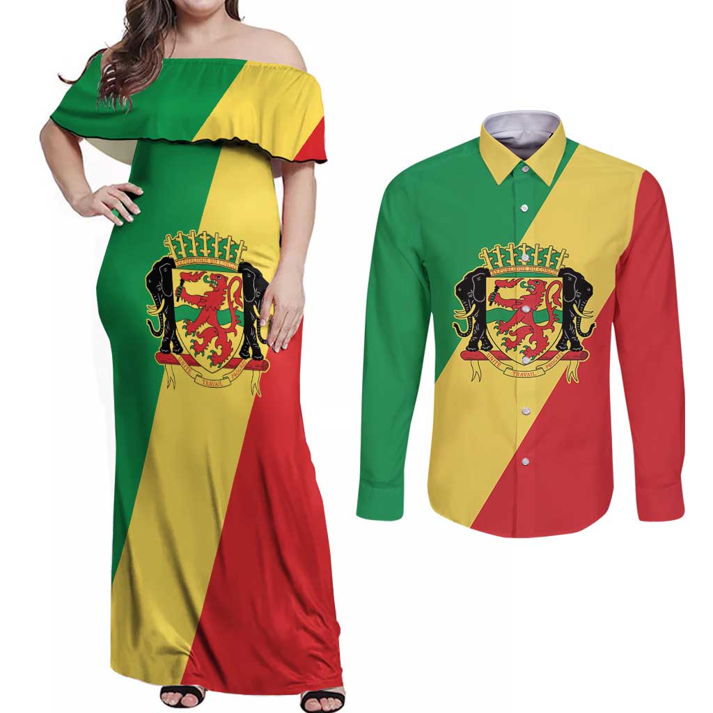 Republic of The Congo Personalized Couples Matching Off Shoulder Maxi Dress and Long Sleeve Button Shirt Simple Flag Style - Wonder Print Shop