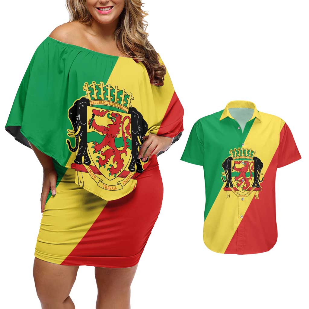 Republic of The Congo Personalized Couples Matching Off Shoulder Short Dress and Hawaiian Shirt Simple Flag Style - Wonder Print Shop