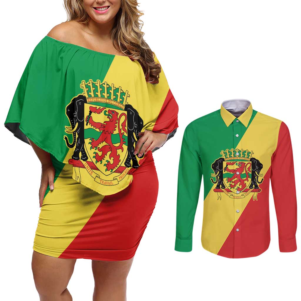 Republic of The Congo Personalized Couples Matching Off Shoulder Short Dress and Long Sleeve Button Shirt Simple Flag Style - Wonder Print Shop