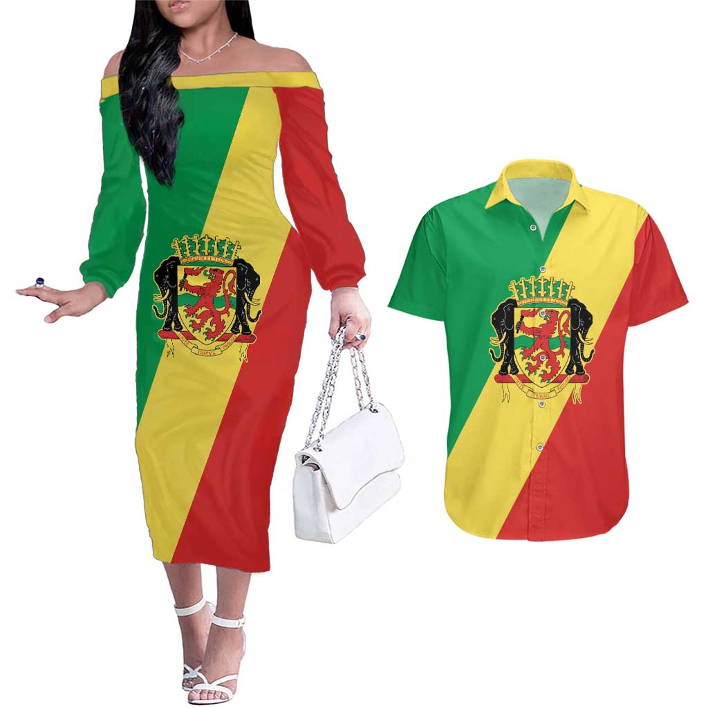 Republic of The Congo Personalized Couples Matching Off The Shoulder Long Sleeve Dress and Hawaiian Shirt Simple Flag Style - Wonder Print Shop