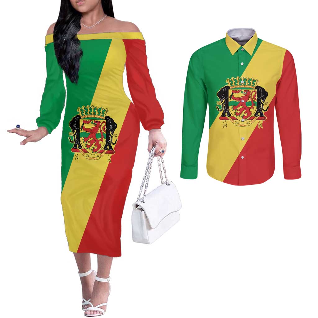 Republic of The Congo Personalized Couples Matching Off The Shoulder Long Sleeve Dress and Long Sleeve Button Shirt Simple Flag Style - Wonder Print Shop