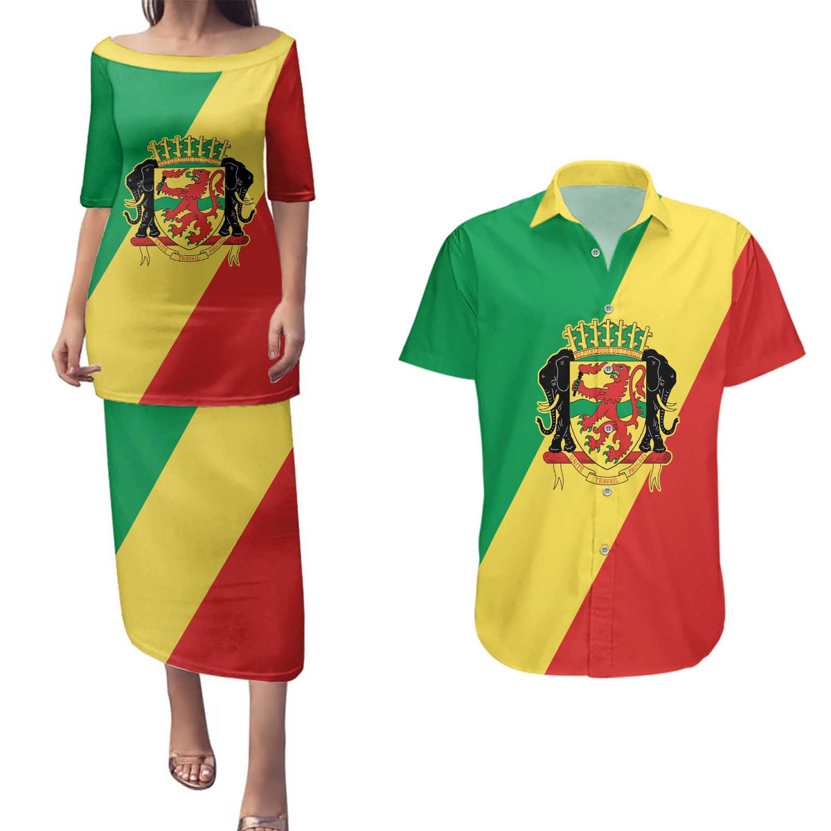 Republic of The Congo Personalized Couples Matching Puletasi and Hawaiian Shirt Simple Flag Style - Wonder Print Shop