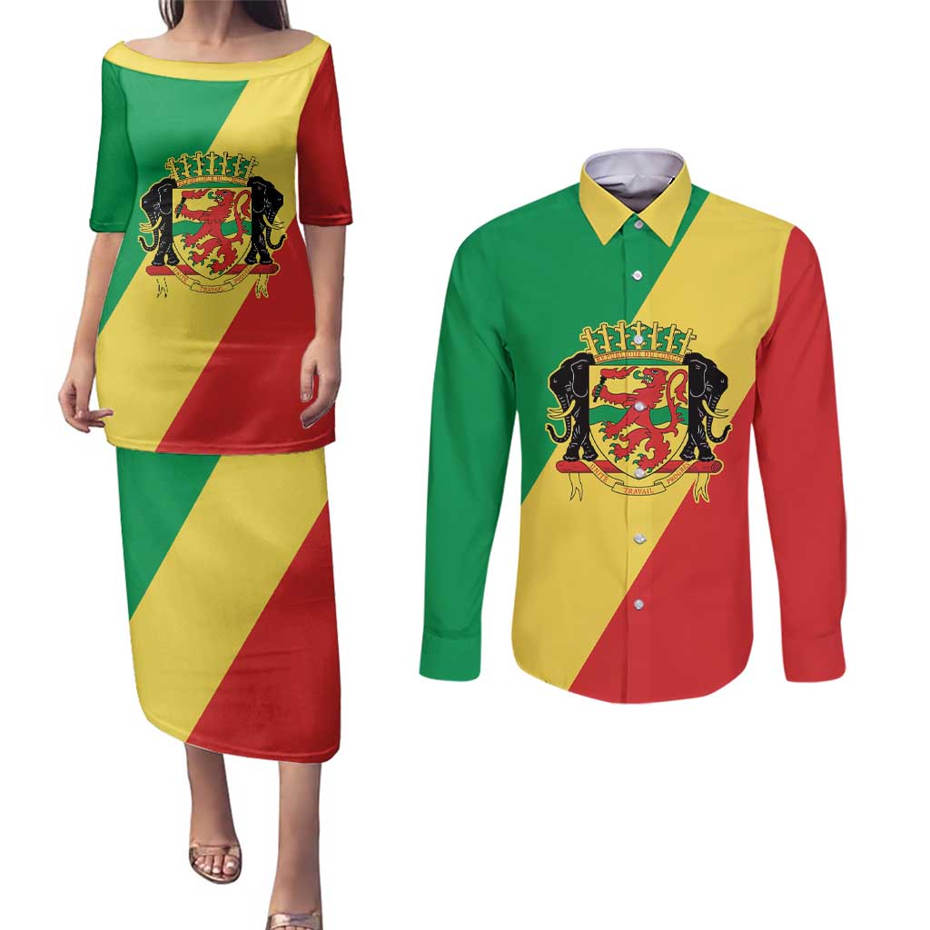 Republic of The Congo Personalized Couples Matching Puletasi and Long Sleeve Button Shirt Simple Flag Style - Wonder Print Shop