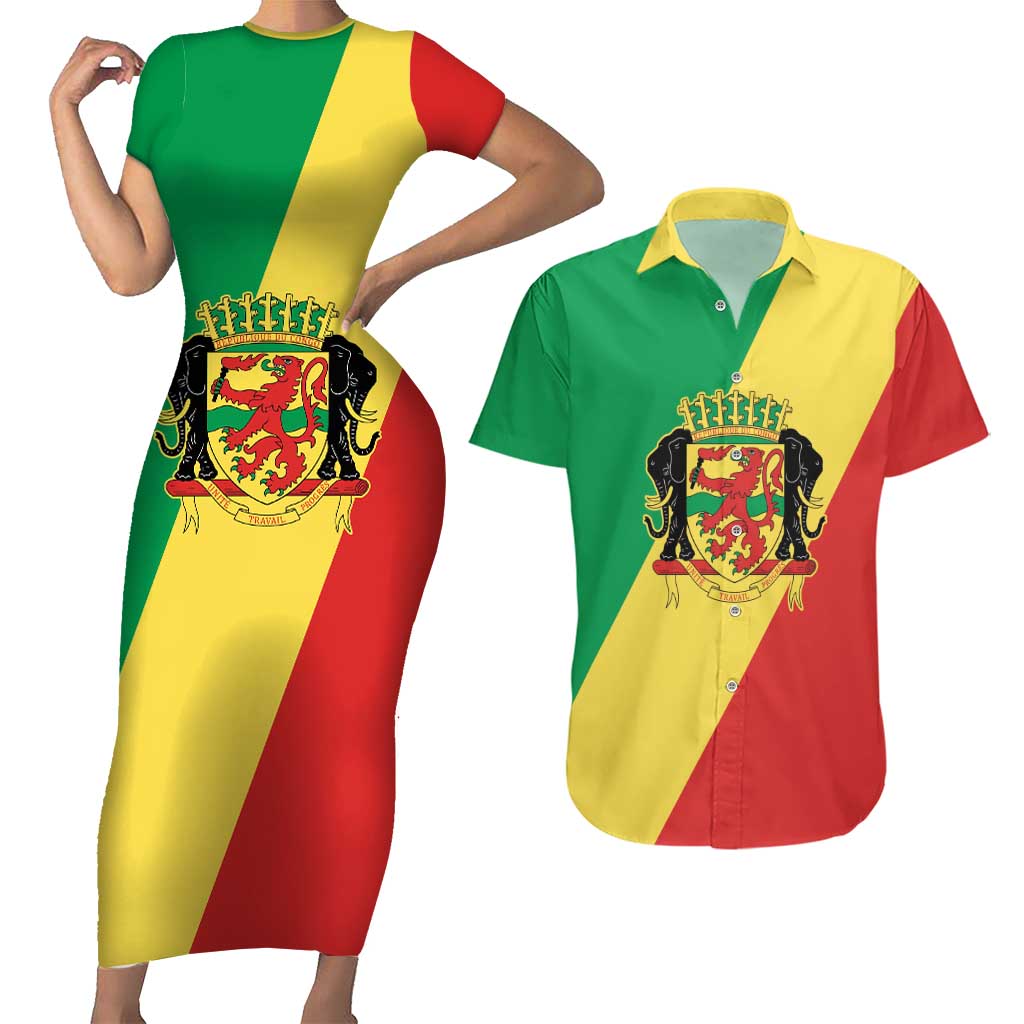 Republic of The Congo Personalized Couples Matching Short Sleeve Bodycon Dress and Hawaiian Shirt Simple Flag Style - Wonder Print Shop