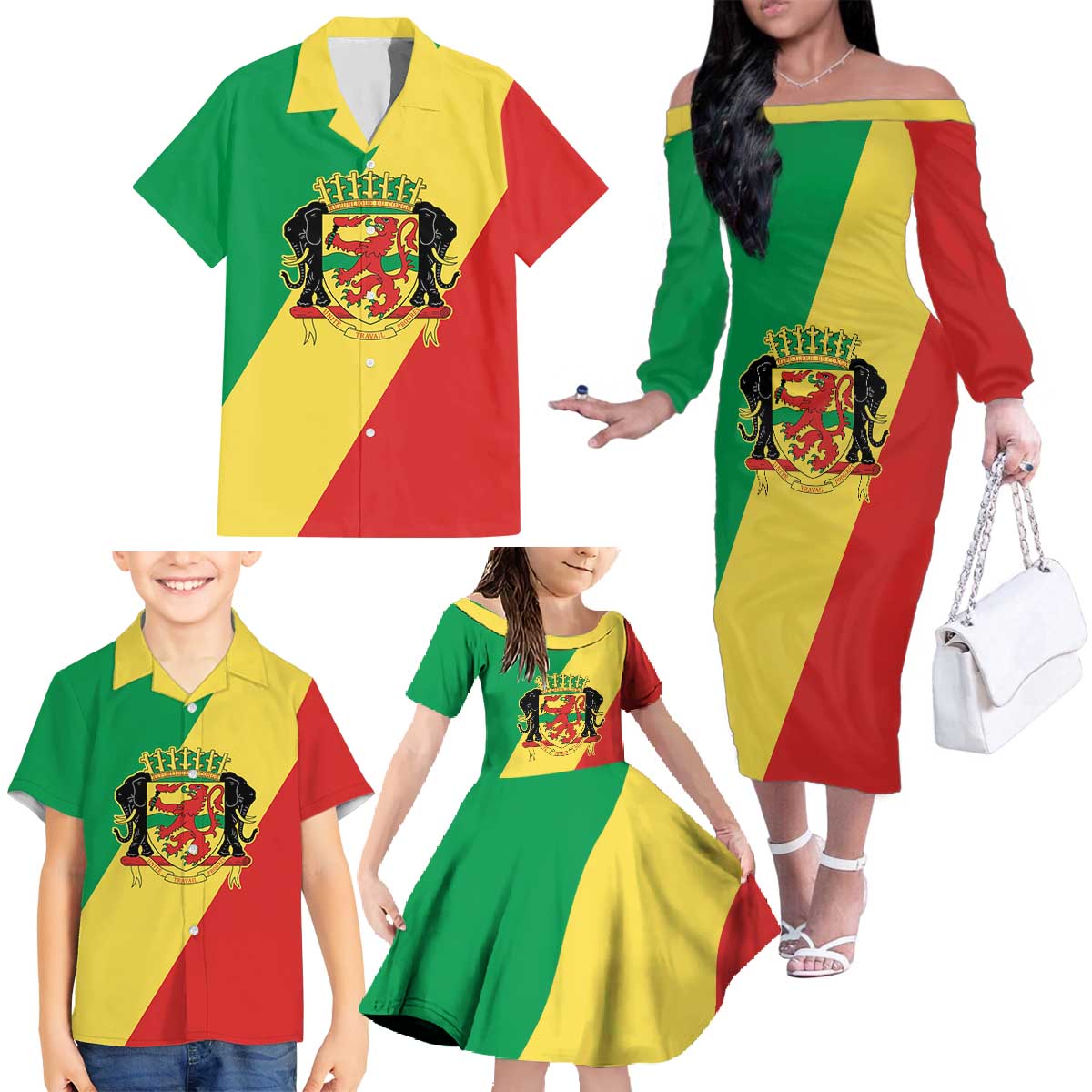 Republic of The Congo Personalized Family Matching Off The Shoulder Long Sleeve Dress and Hawaiian Shirt Simple Flag Style - Wonder Print Shop