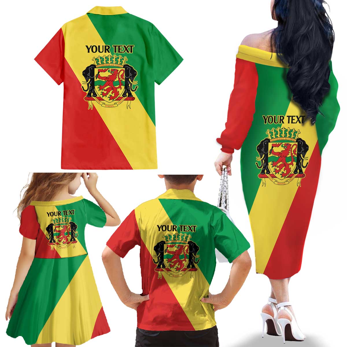 Republic of The Congo Personalized Family Matching Off The Shoulder Long Sleeve Dress and Hawaiian Shirt Simple Flag Style - Wonder Print Shop