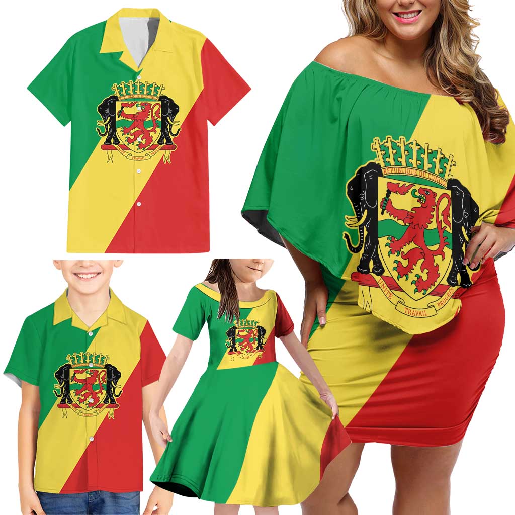 Republic of The Congo Personalized Family Matching Off Shoulder Short Dress and Hawaiian Shirt Simple Flag Style - Wonder Print Shop