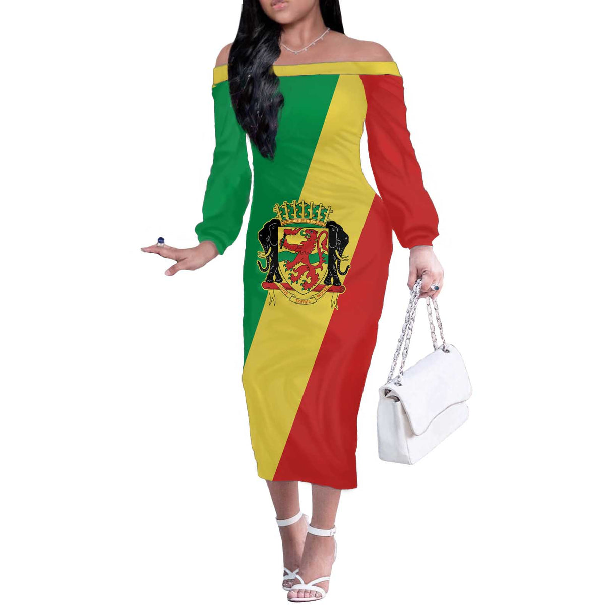 Republic of The Congo Personalized Off The Shoulder Long Sleeve Dress Simple Flag Style - Wonder Print Shop