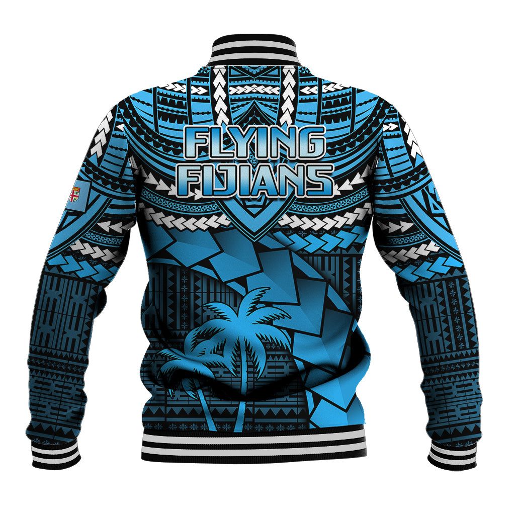Blue patterned rugby baseball jacket back with striped collar and 'FLYING FIJIANS' text