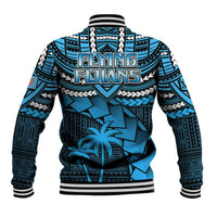 Blue patterned rugby baseball jacket back with striped collar and 'FLYING FIJIANS' text