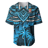 Blue rugby baseball jersey with V-neck, tribal patterns, crest and palm tree graphic