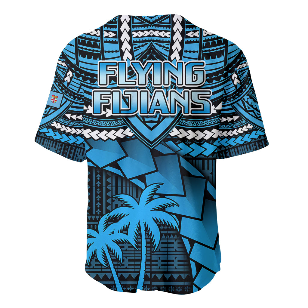 Blue rugby baseball jersey, back view, 'FLYING FIJIANS' over tribal and palm print