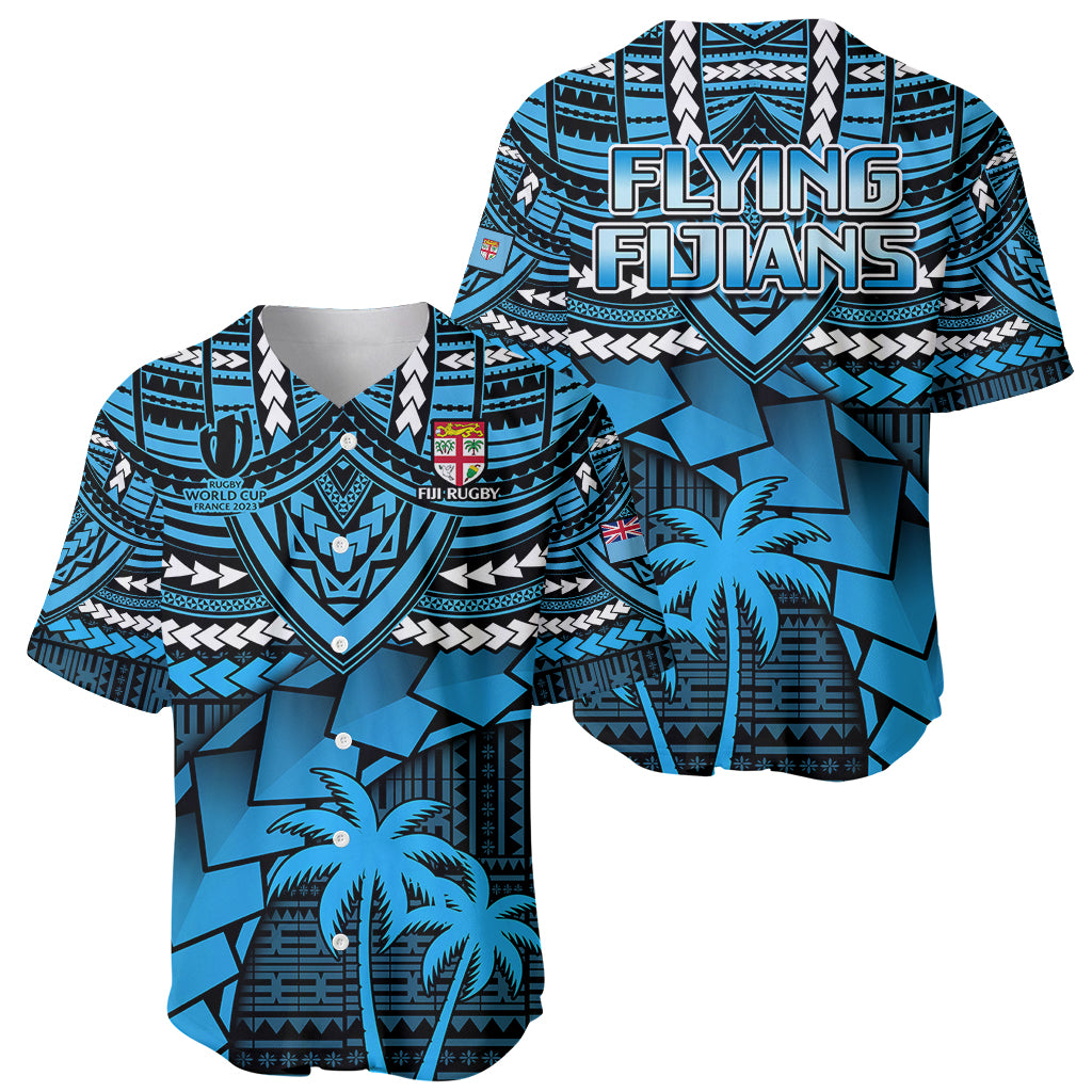 Blue rugby baseball jersey with collar, tribal pattern and palm print, front and back shown